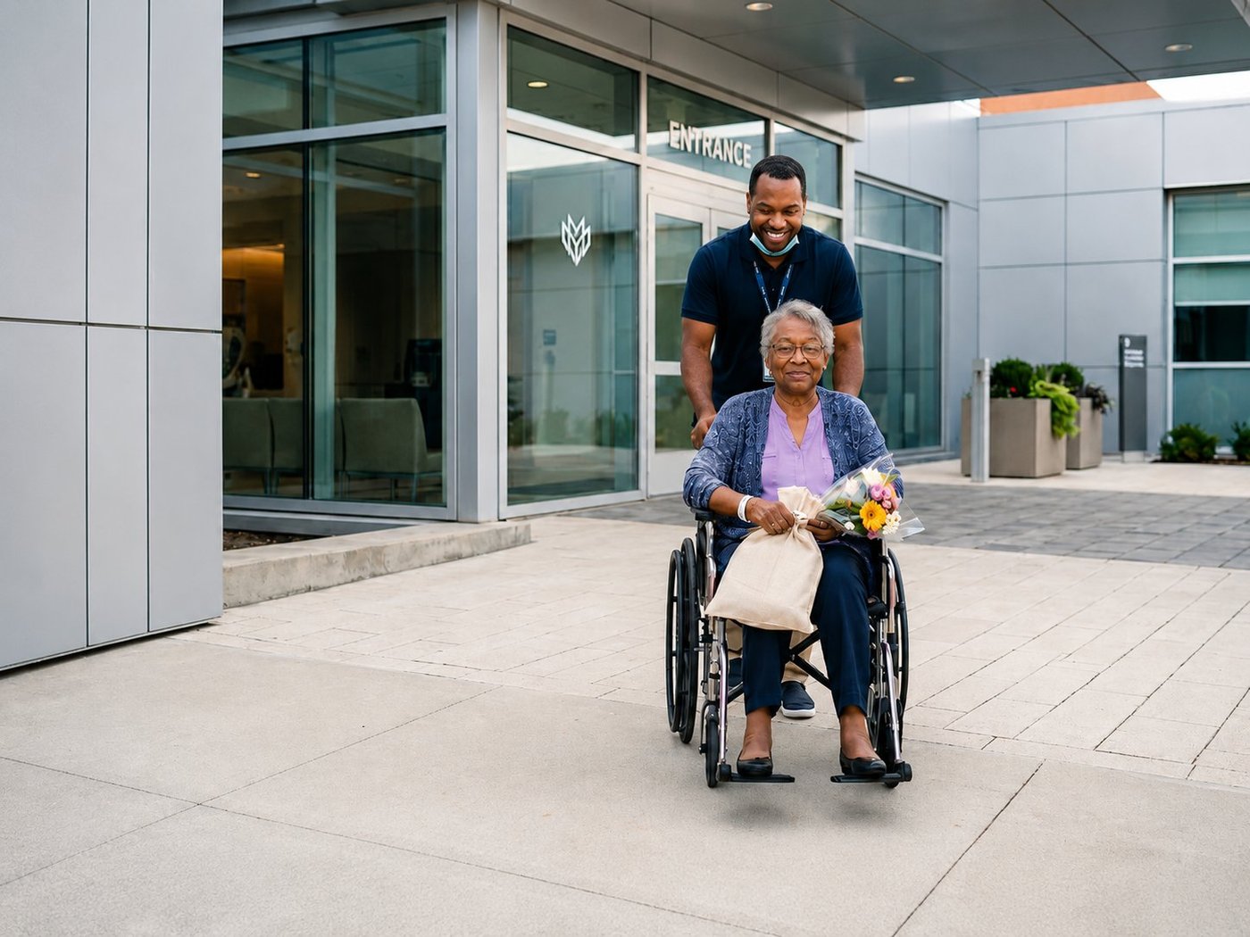 An older woman leaving the hospital in a wheelchair, smiling with flowers — the moment post-discharge coordination begins.