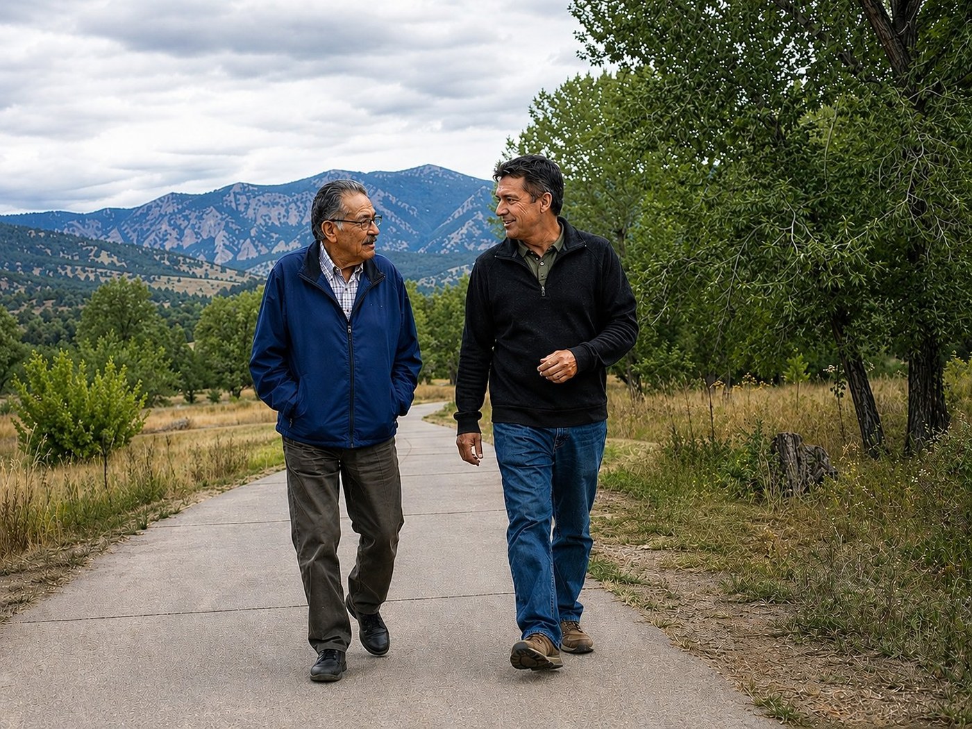 Two men walking and talking on a Colorado path.