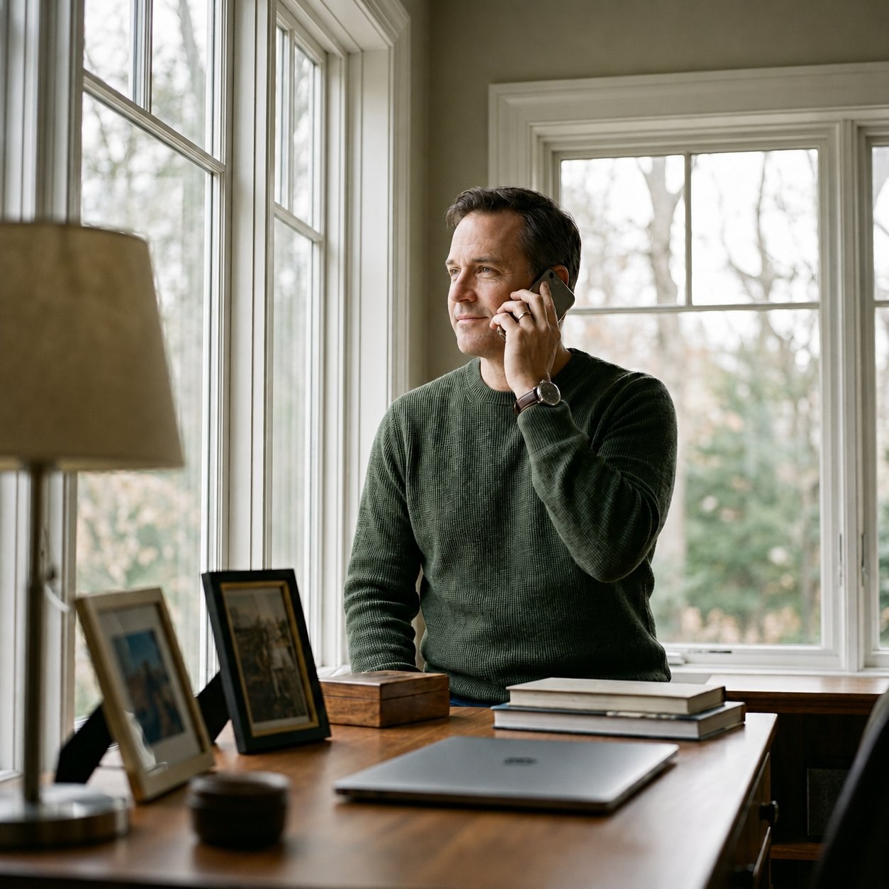 A calm, focused family member making a call — the clarity Hemma brings.