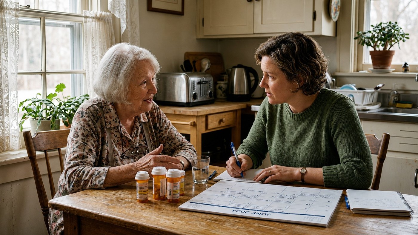 A care coordinator and older woman reviewing medications together at a kitchen table.